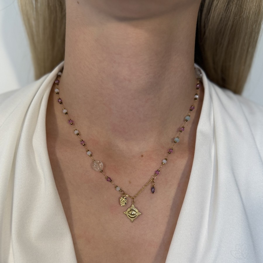 Naszyjnik z fioletowo - niebieskimi koralikami i okiem proroka z cyrkonią